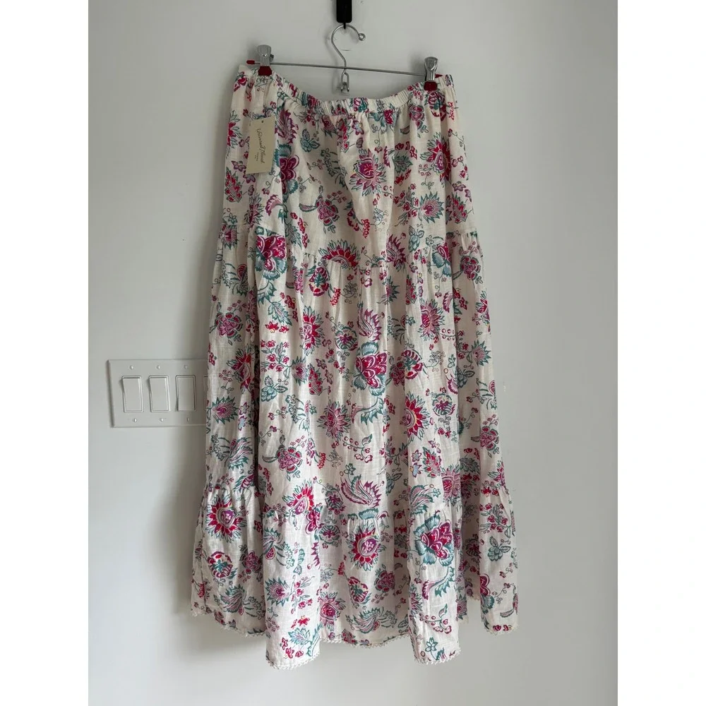 Universal Thread Cream Floral Tiered Cotton Midi Skirt Lace Trim Large NEW